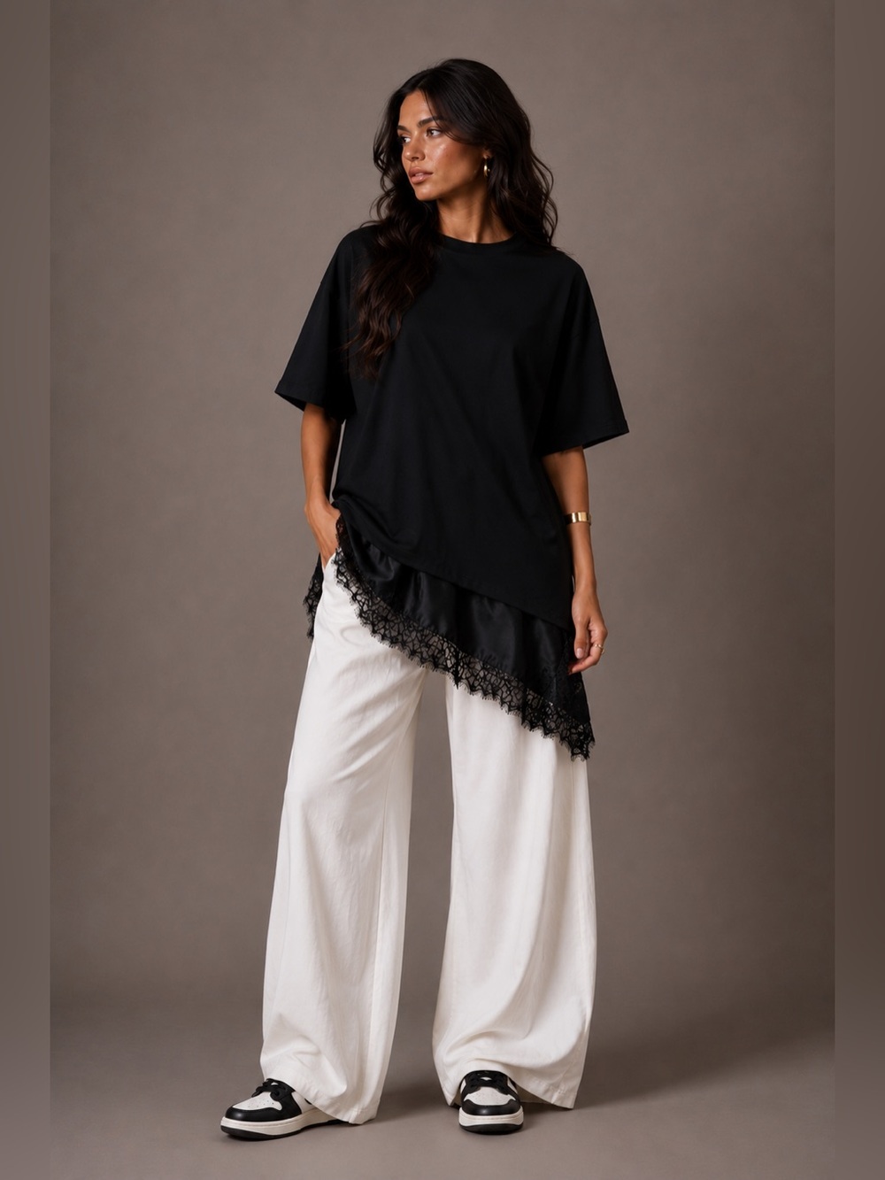 NWT Combination Lace Trim T-Shirt - Black